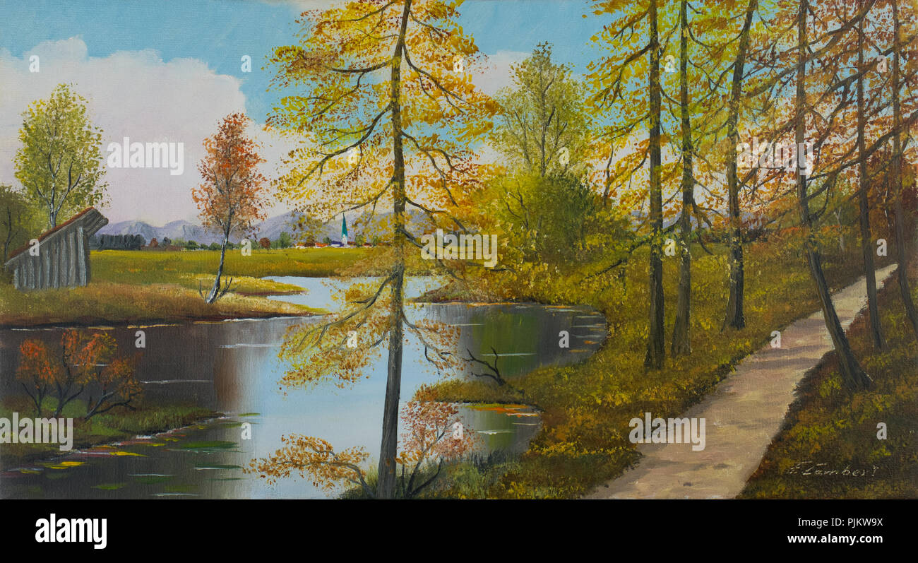 De la peinture l'trottoir à un lac avec grange en arrière-plan un village et les montagnes Banque D'Images