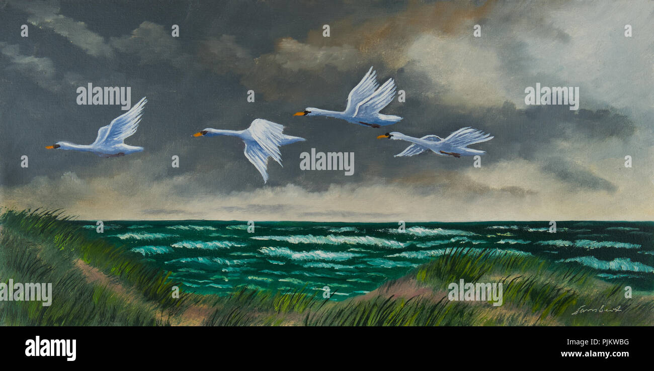 Peinture à l'huile de blanc de quatre oiseaux migrateurs voyageant sur une côte sur une mer verte avec des vagues Banque D'Images