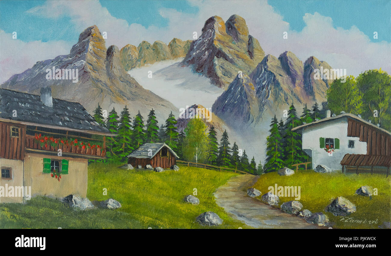 Peinture à l'huile d'une montagne couverte de neige en partie avec un chemin et maisons en premier plan Banque D'Images