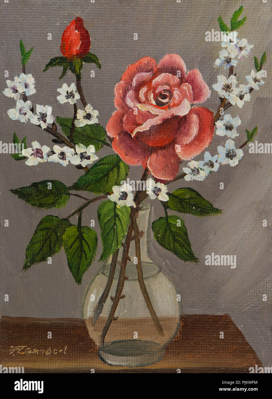 Peinture à l'huile de fleurs dans un vase en verre sur un fond beige Banque D'Images