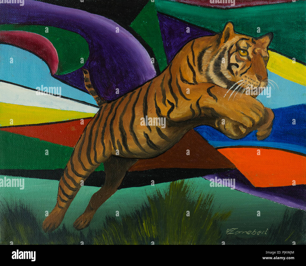 Peinture à l'huile d'un tigre sautant devant un fond coloré Banque D'Images
