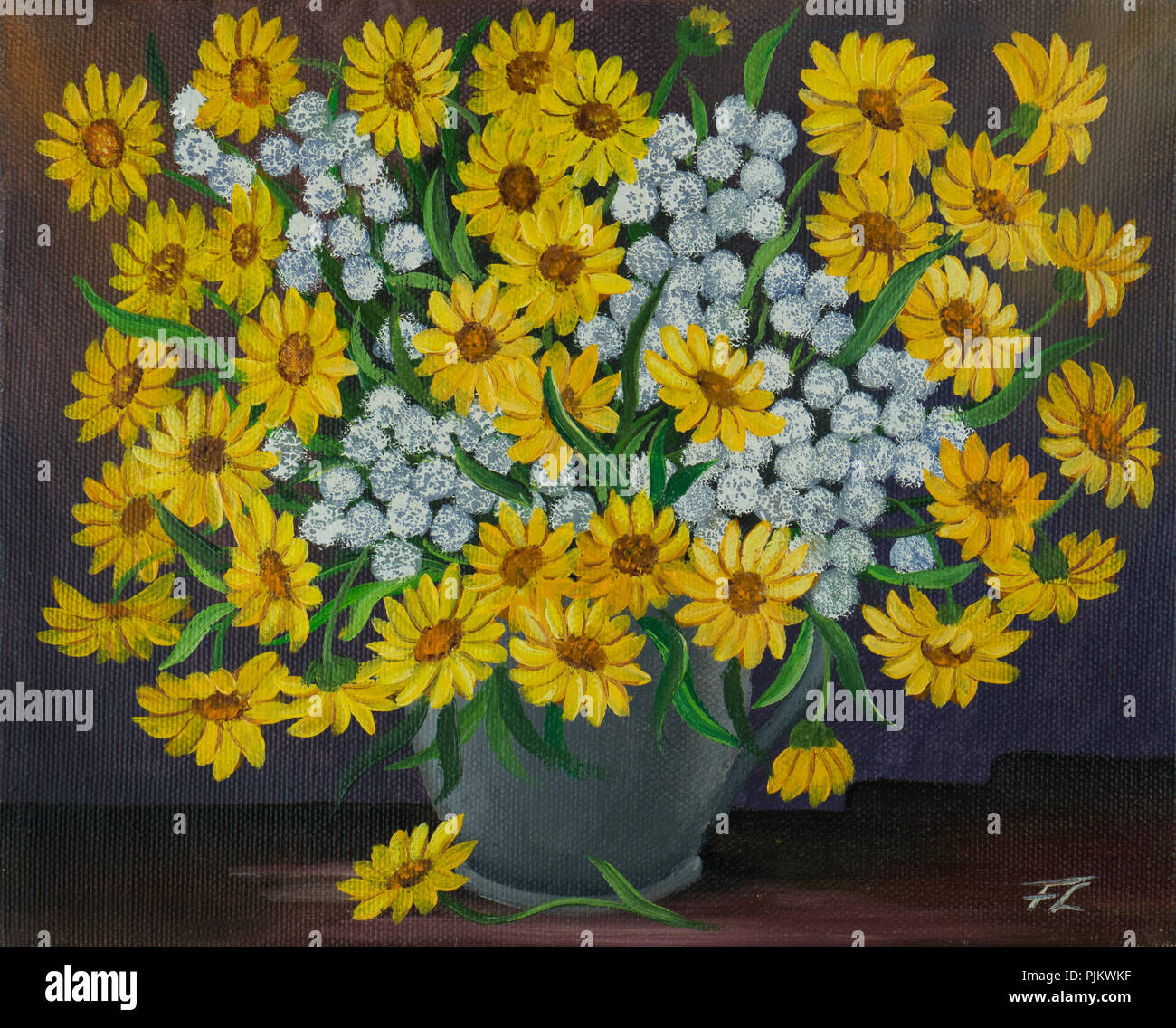 Peinture à Lhuile Dun Bouquet De Fleurs Blanches Et Jaunes