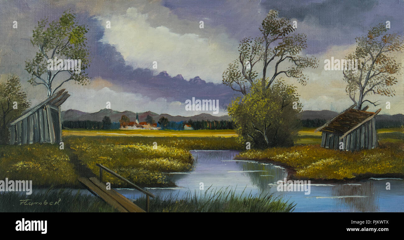 Peindre avec des peintures à l'huile d'un paysage avec une rivière et pont en bois Banque D'Images