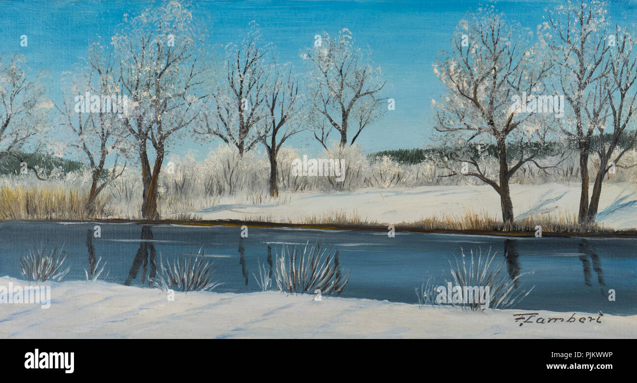Peinture de la peinture à l'huile d'un cours d'eau en hiver avec des arbres en arrière-plan Banque D'Images