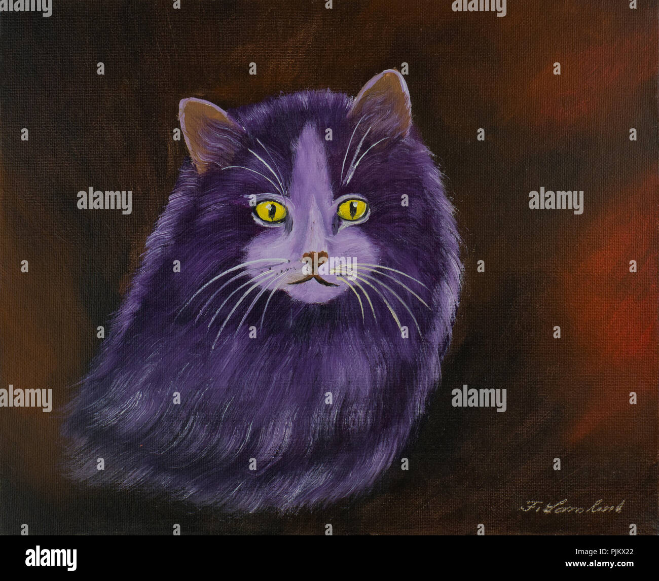 Peinture à l'huile d'un mauve chat angora avec les yeux jaune et épaisse fourrure Banque D'Images