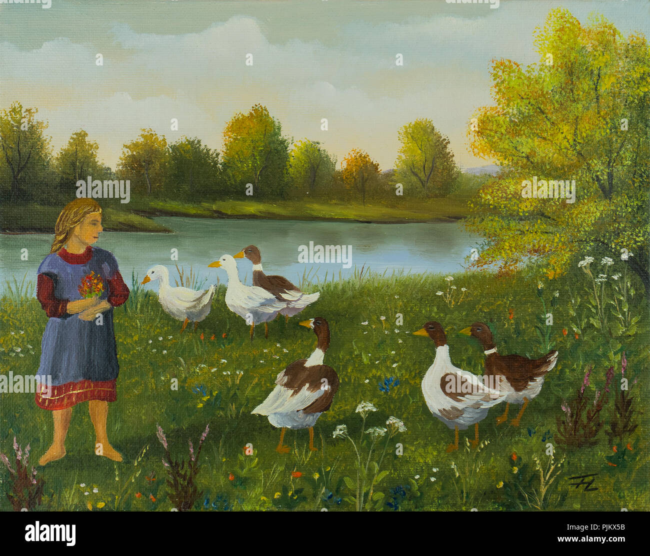 Peinture à l'huile - une fille observe les canards et oies dans le pré au bord du lac. Banque D'Images