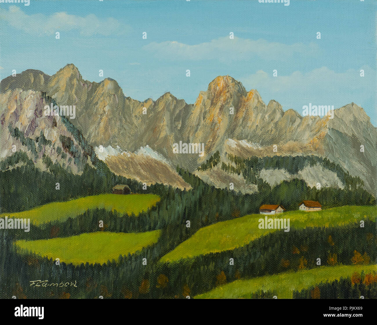 Peinture à l'huile d'un paysage de forêts et de prairies en face d'un paysage de montagne Banque D'Images