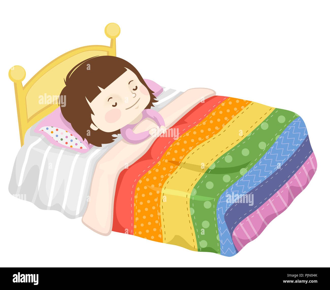 Illustration d'un enfant fille dormir sur son lit avec une couverture de couleur arc-en-ciel Banque D'Images