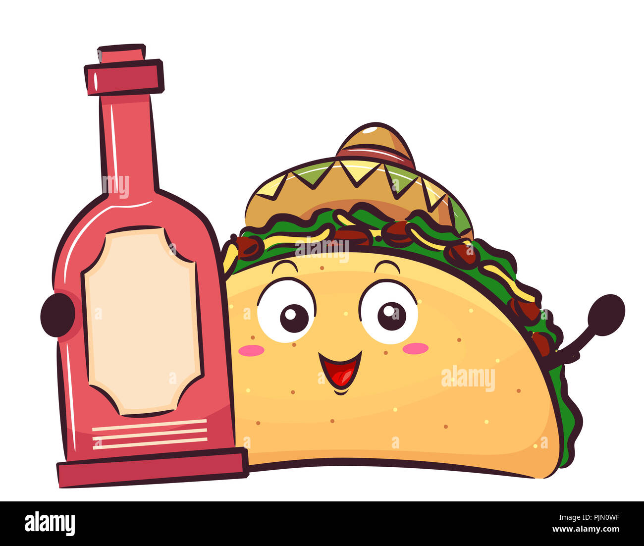 Illustration d'un Taco Mascot Wearing Mexican Hat tenant une bouteille de sauce chaude Banque D'Images