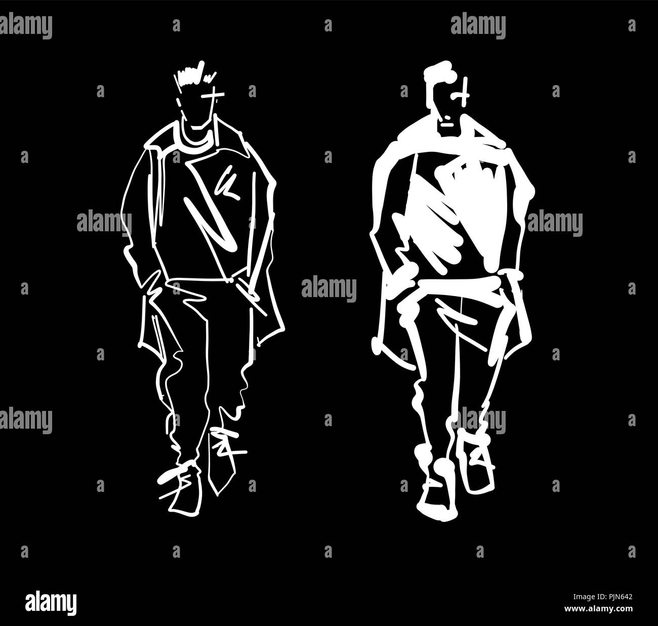 Modèle mode homme silhouettes dessinés à la main. Vecteur monochrome. L'illustration de mode masculine . Illustration de Vecteur