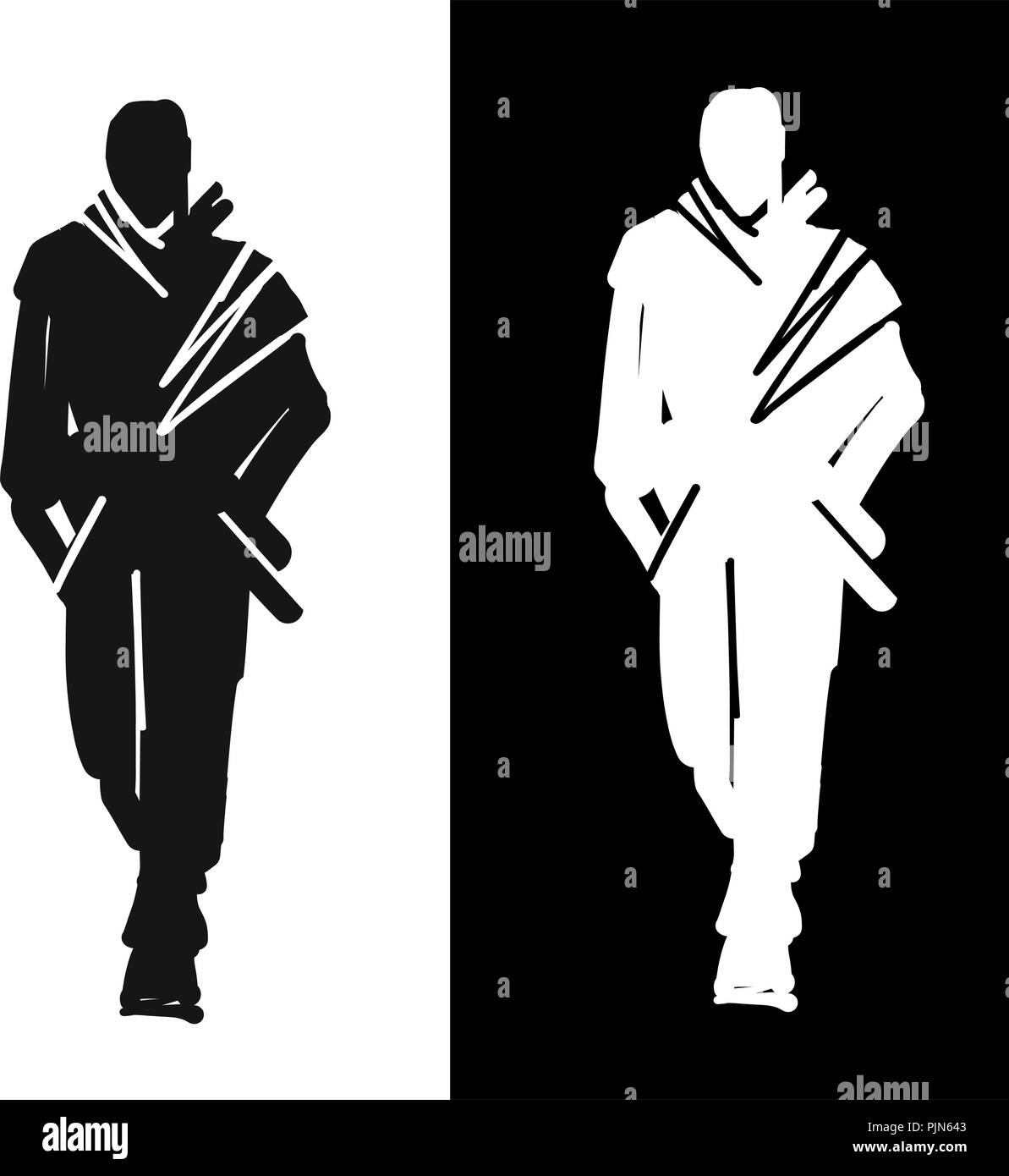 Modèle mode homme silhouettes dessinés à la main. Vecteur monochrome. L'illustration de mode masculine . Illustration de Vecteur