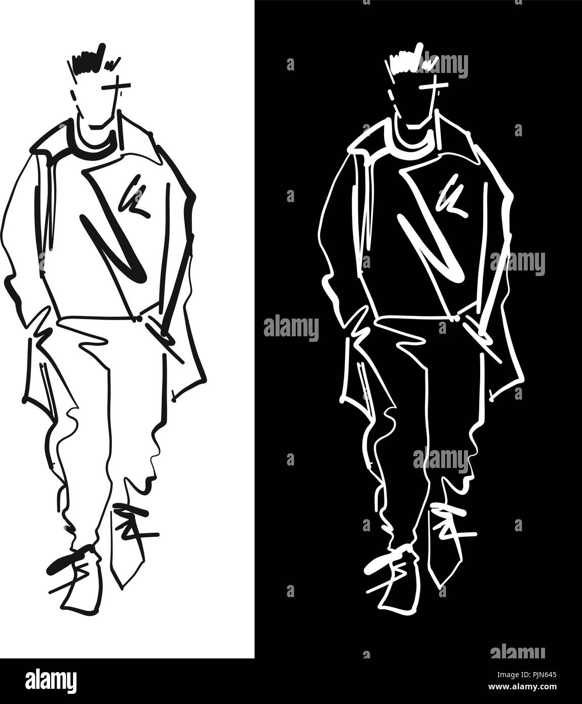 Modèle mode homme silhouettes dessinés à la main. Vecteur monochrome. L'illustration de mode masculine . Illustration de Vecteur