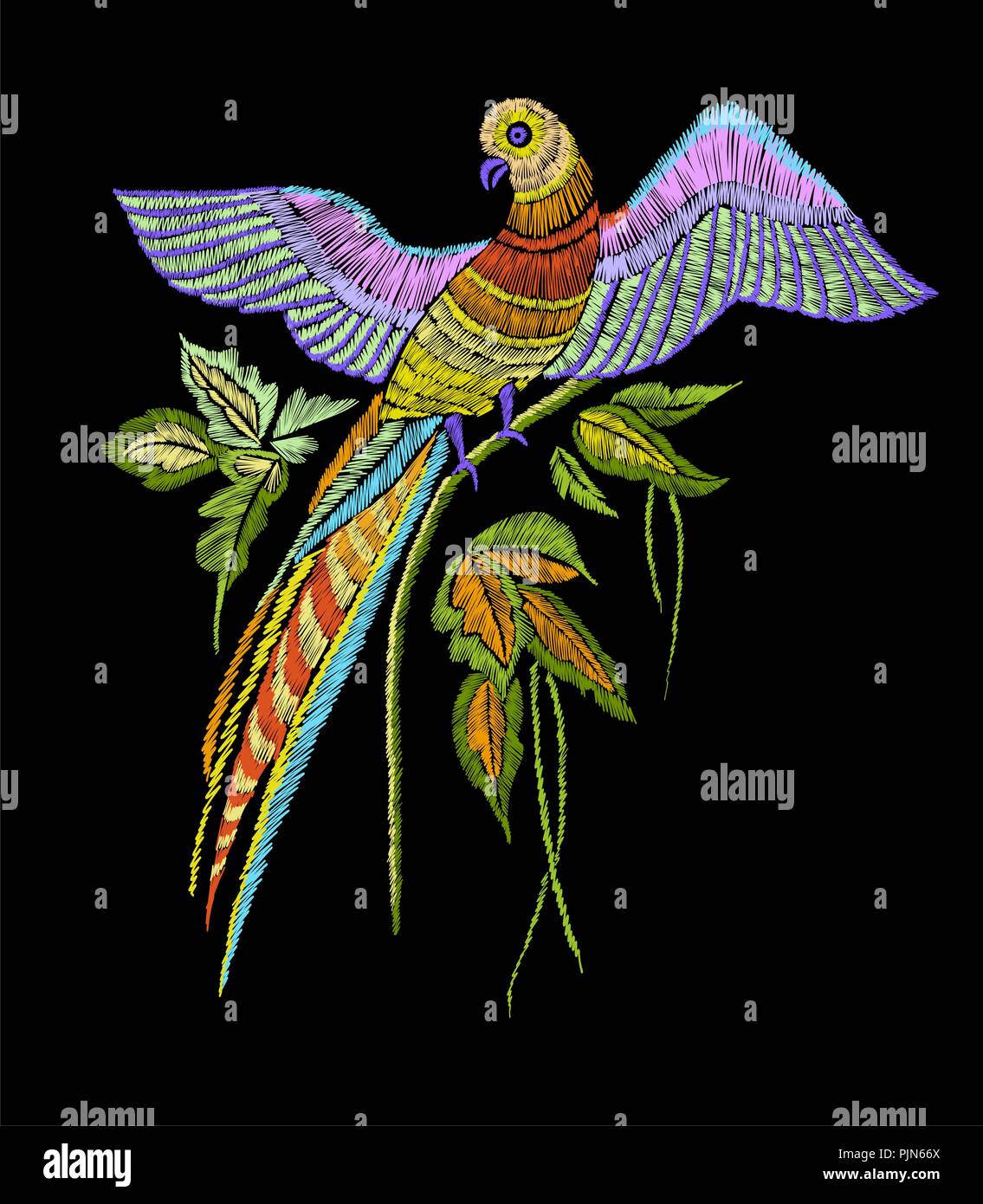 Motif de broderie avec perroquet et feuilles tropicales. Vector illustration faites à la main. T-shirt imprimé. Illustration de Vecteur