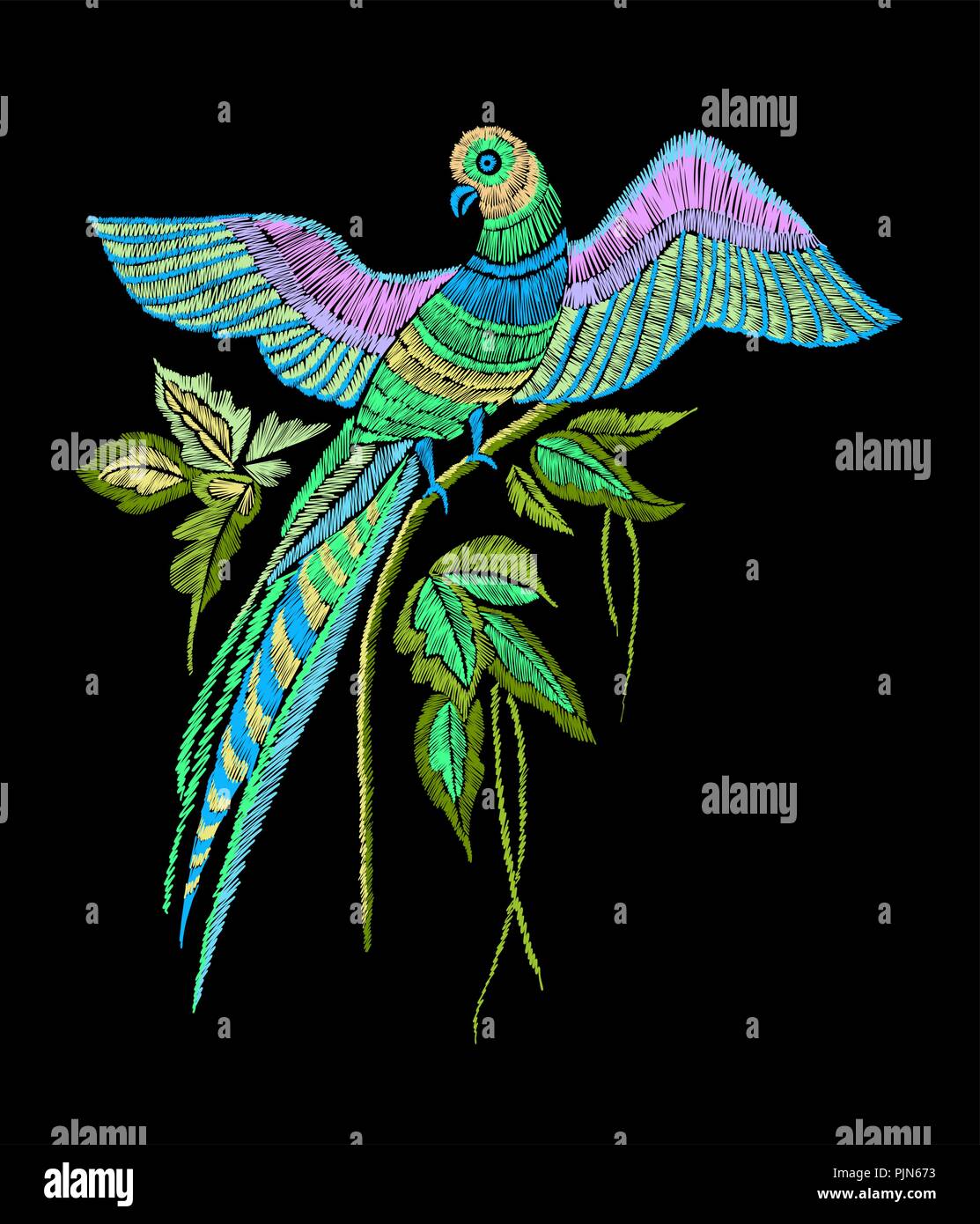 Motif de broderie avec perroquet et feuilles tropicales. Vector illustration faites à la main. T-shirt imprimé. Illustration de Vecteur