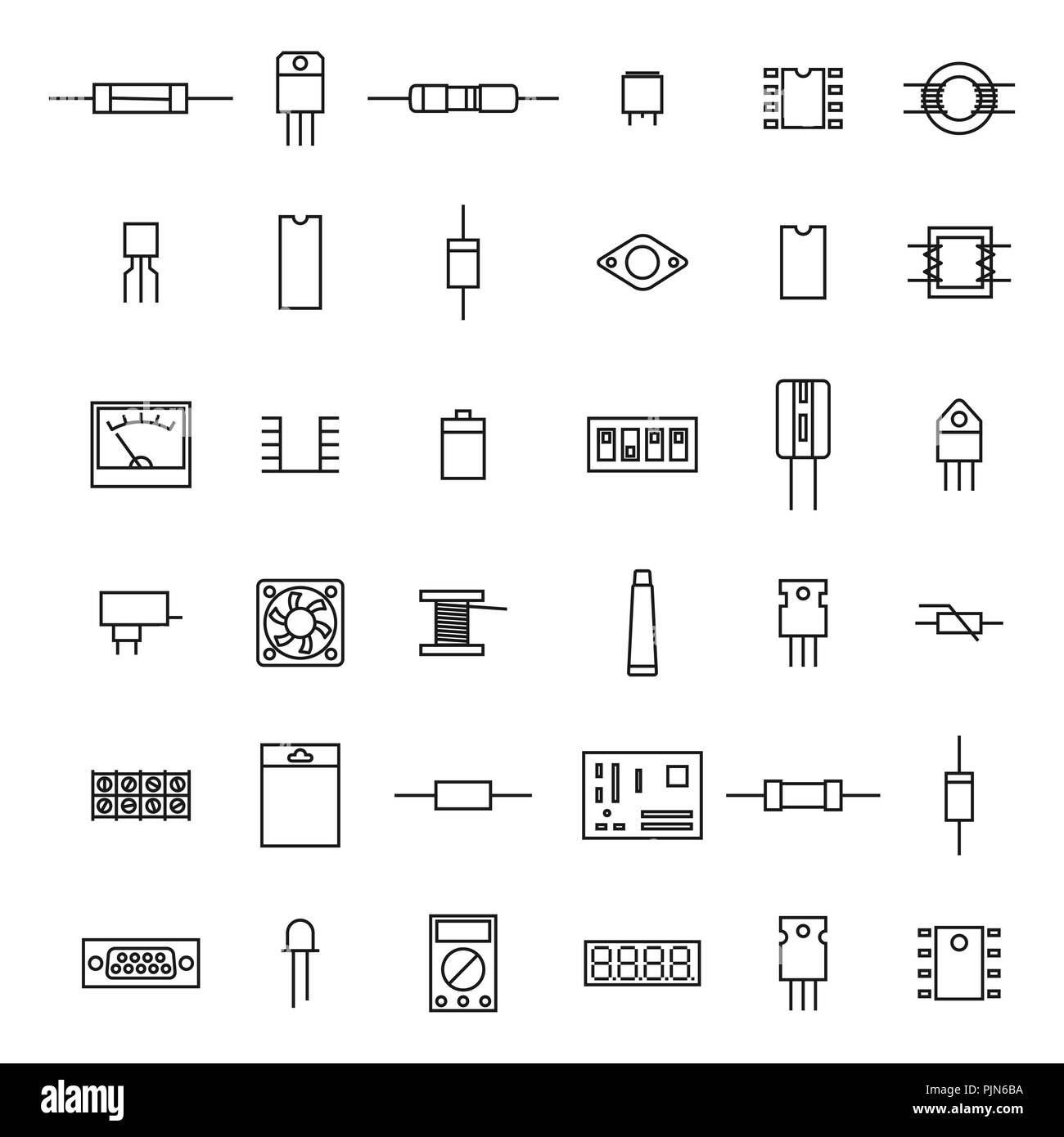 Ensemble de divers composants électroniques et radio de la lignes fines, isolé sur fond blanc. Télévision, style vector illustration. Illustration de Vecteur