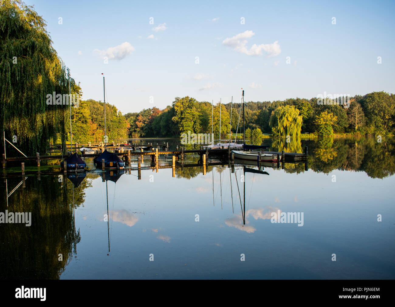 Quai romantique avec reflets dans l'eau. Emplacement : Allemagne, Rhénanie du Nord-Westphalie, Hoxfeld Banque D'Images Quai romantique avec reflets dans l'eau. Emplacement : Allemagne, Rhénanie du Nord-Westphalie, Hoxfeld Banque D'Images
