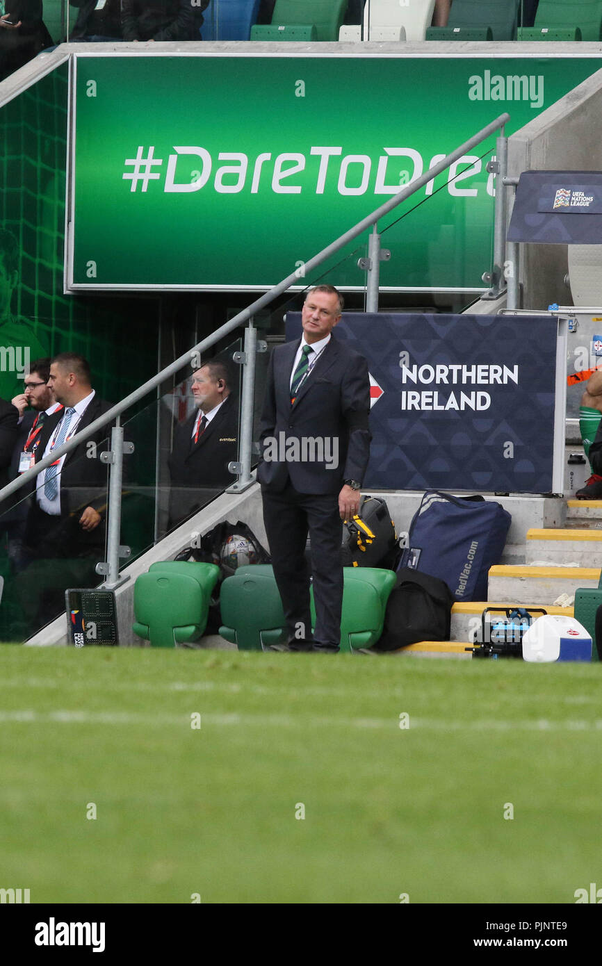 Windsor Road, Belfast, Irlande du Nord. 08 septembre 2018. Nations UEFA League Groupe B3 - Irlande du Nord v Bosnie et Herzégovine. L'Irlande du manager Michael O'Neill. Crédit : David Hunter/Alamy Live News. Banque D'Images