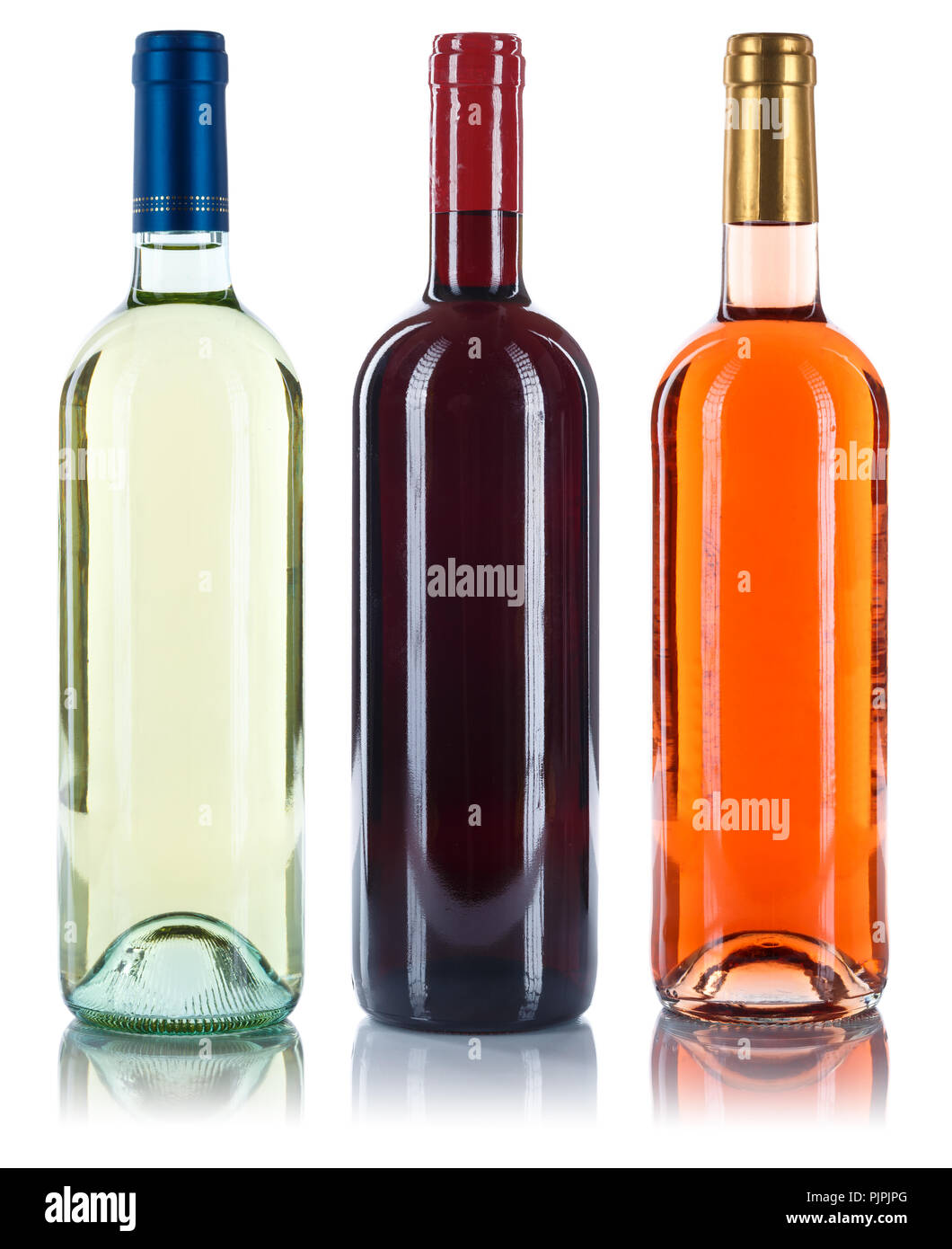 Collection de bouteilles de vin vins rouge rose blanc isolé sur fond blanc Banque D'Images