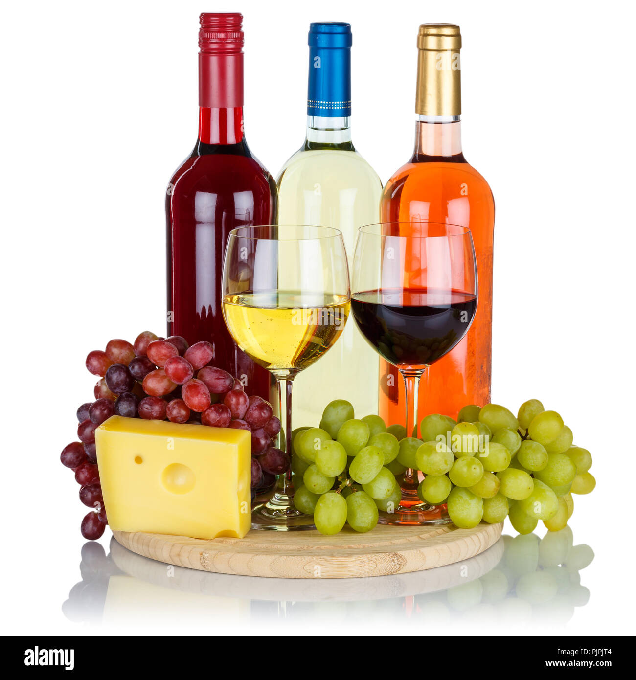 Vin rouge vins Rose fromage raisins square isolé sur fond blanc Banque D'Images