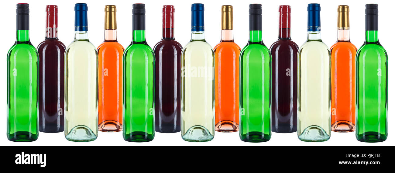 Groupe de bouteilles de vin vins colorés rouge blanc fond rose isolé sur fond blanc Banque D'Images