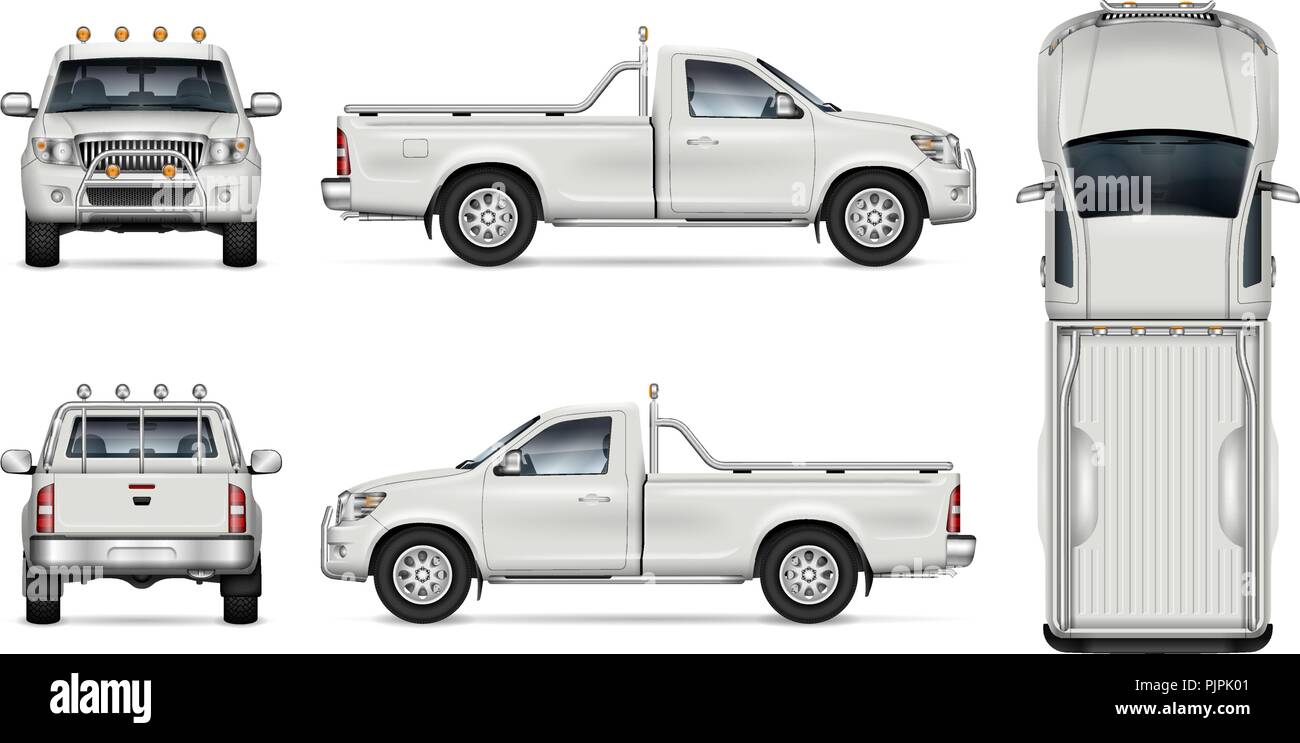 Pickup truck vector immersive sur fond blanc pour véhicule de marque, l'identité de l'entreprise. Voir d'un côté, avant, arrière, et top Illustration de Vecteur