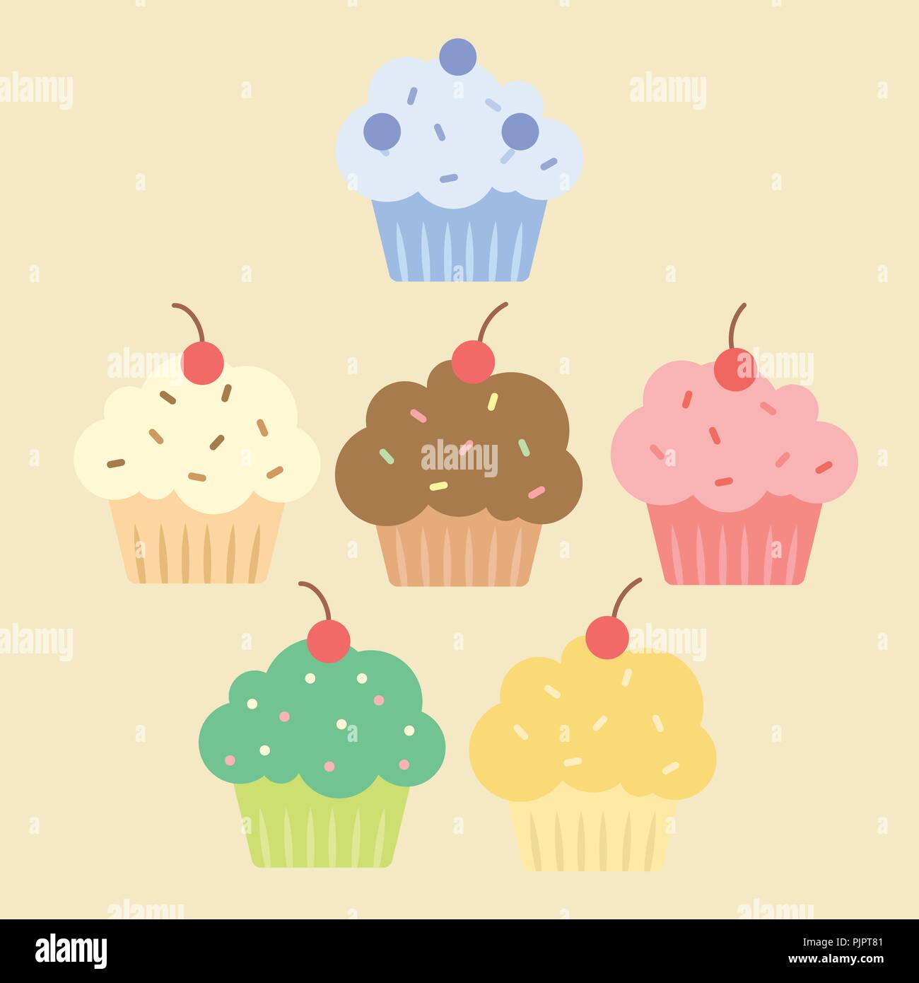 Cupcakes colorés ensemble avec différents topping isolé sur fond beige vector illustration. Illustration de Vecteur