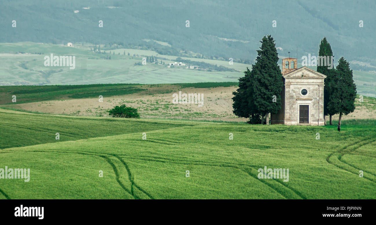 D'ORCIA-Mai 30:La chapelle Vitaleta, dans la belle vallée de l'Orcia,Toscane,Italie,le Mai 30,2018. Banque D'Images