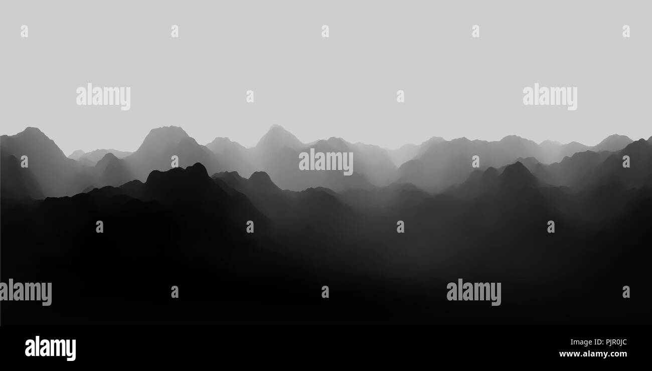 Map HDRI sphériques, panorama de l'environnement avec l'arrière-plan de montagnes brumeuses, source lumineuse 3D Rendering (Rendu équirectangulaire) Banque D'Images