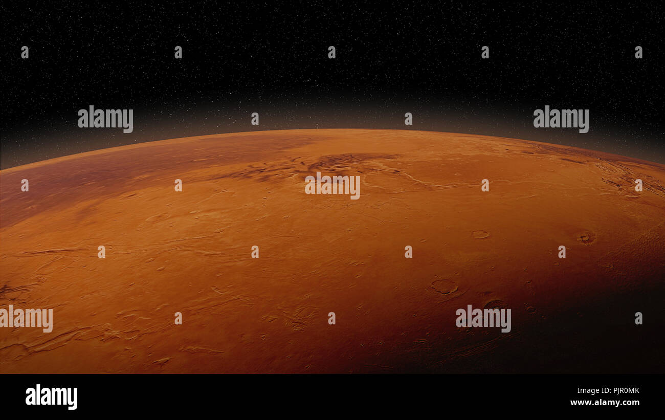 Planète rouge Mars en couleurs naturelles, près de la surface jusqu'à l'atmosphère visible Banque D'Images