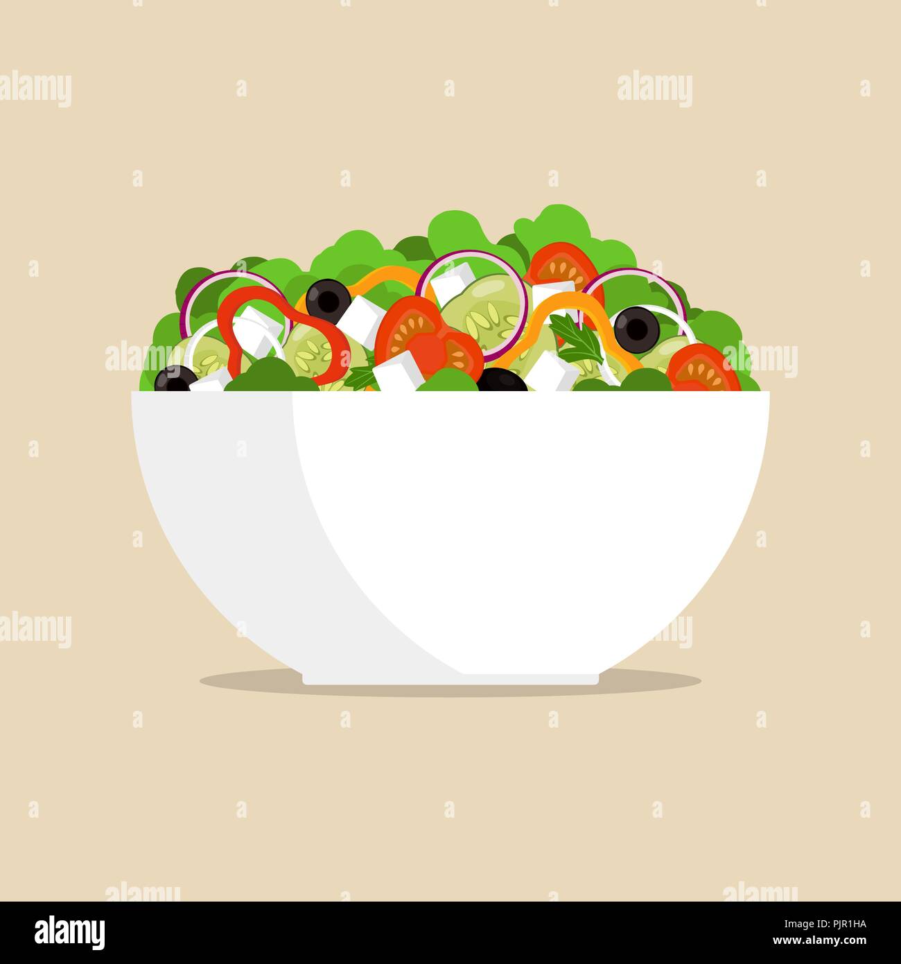 Salade grecque frais dans grand bol, vue de côté. Tomate, poivron, oignon, verts, fromage, olives, concombre, mixte en vecteur illustration plate plaque Illustration de Vecteur
