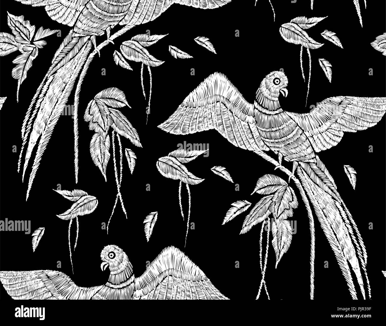 Les perroquets avec feuilles tropicales seamless background pattern. Vector illustration faites à la main. Motif de broderie. Banque D'Images