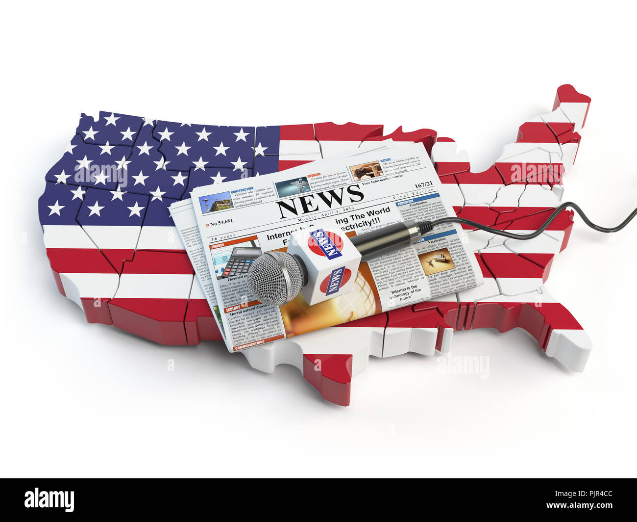 Nouvelles des USA, presse et journalisme concept. Microphone et journal sur la carte en couleurs du drapeau des États-Unis. 3d illustration Banque D'Images