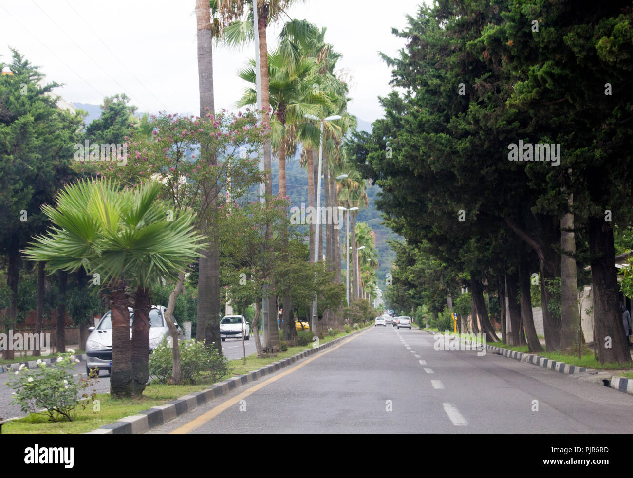 Photo pour la ville de Ramsar en République islamique d'Iran, qui montrent de nombreux cours et des voitures et des montagnes et des arbres. Banque D'Images