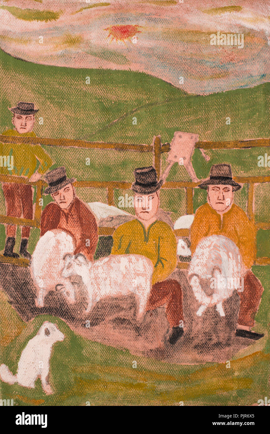 Style naïf peinture représentant un événement de la vie de village en plein air durant les mois d'été. Banque D'Images