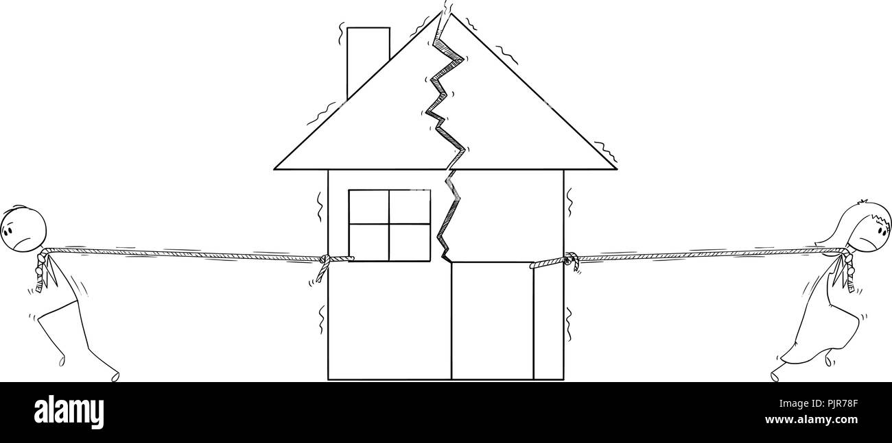 Caricature de couple brisés dans une mauvaise relation après le divorce est la division en deux parties de la chambre Illustration de Vecteur