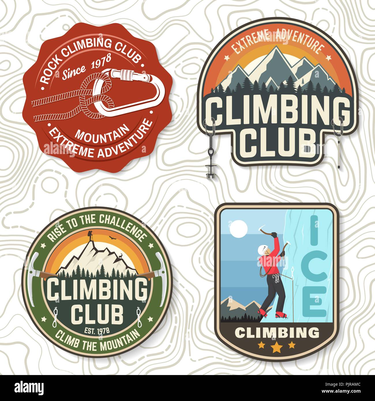 Set de badges Rock Climbing club. Vector illustration. Concept pour chemise ou imprimer, stamp ou tee. Typographie vintage design avec mousqueton alpiniste, et les montagnes. Aventure Extrême. Illustration de Vecteur