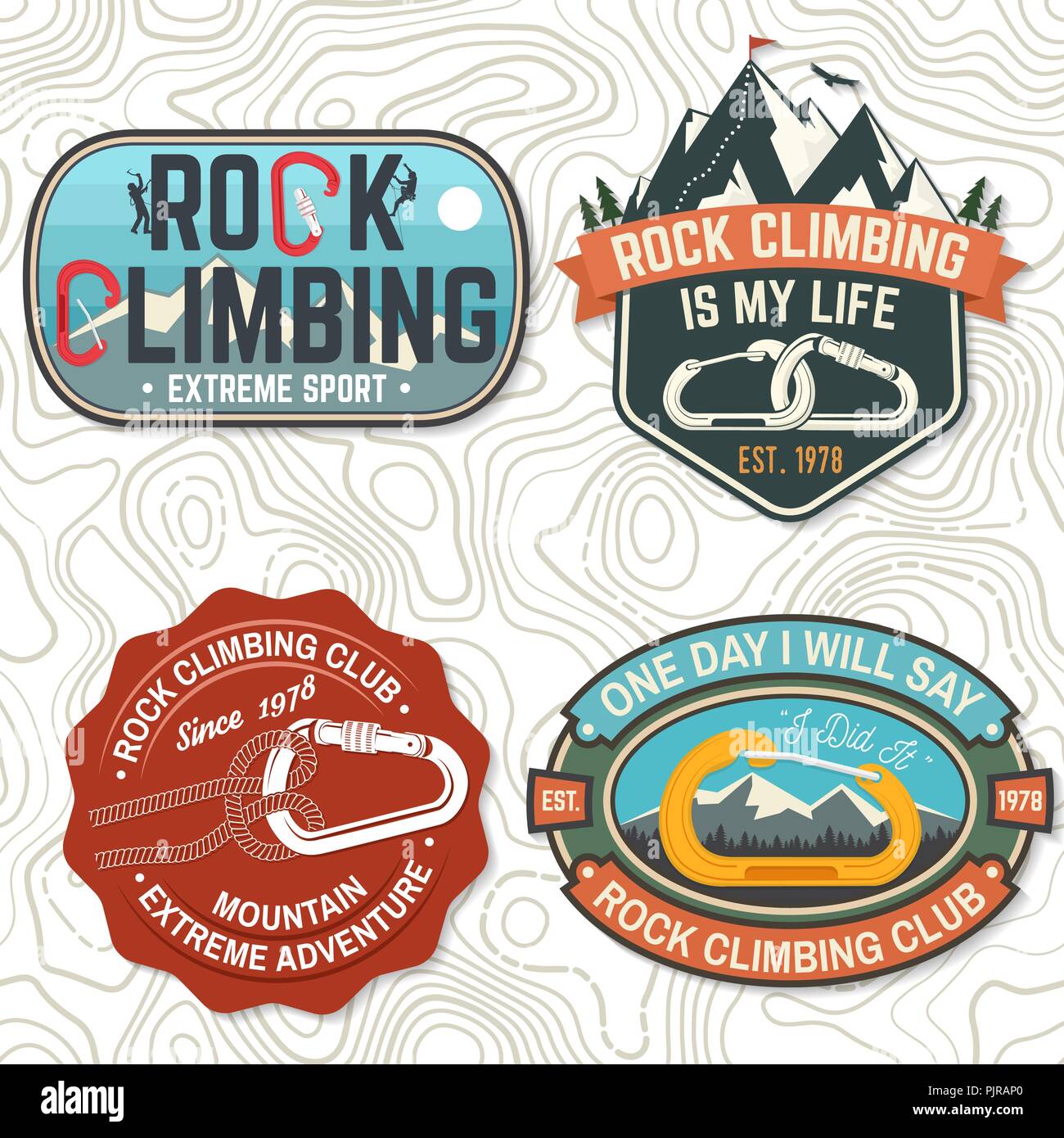 Set de badges Rock Climbing club. Vector illustration. Concept pour chemise ou imprimer, stamp, patch ou tee. Typographie vintage design avec mousqueton alpiniste, et les montagnes. Aventure Extrême. Illustration de Vecteur