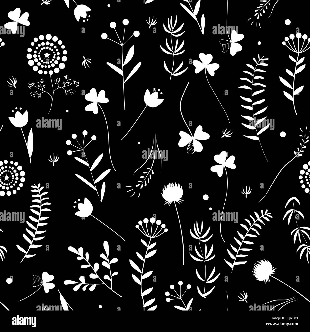 Motif floral Seamless doodle avec feuilles et d'herbes. Vector illustration. Des silhouettes en noir et blanc Illustration de Vecteur