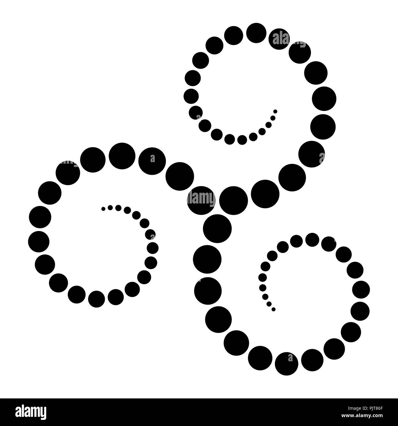 Le Triskèle celtique faite en spirale de points noirs. Points de plus en plus du centre des spirales formant une spirale triple. Tordus et relié spirales. Banque D'Images