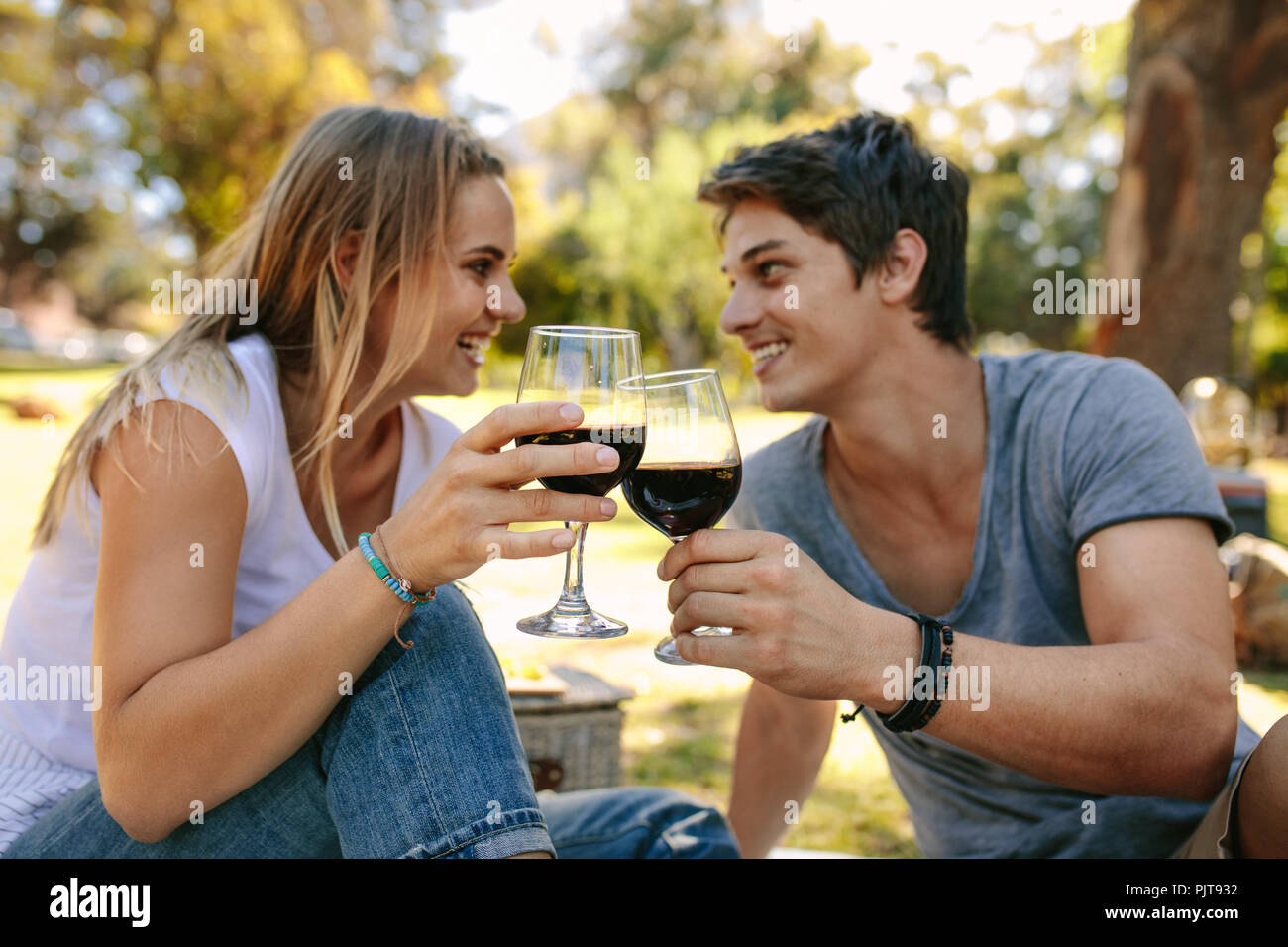 Smiling man and woman toasting verres de vin assis dans un parc sur une journée ensoleillée. Heureux couple drinking wine assis dans un parc à la recherche à l'autre. Banque D'Images