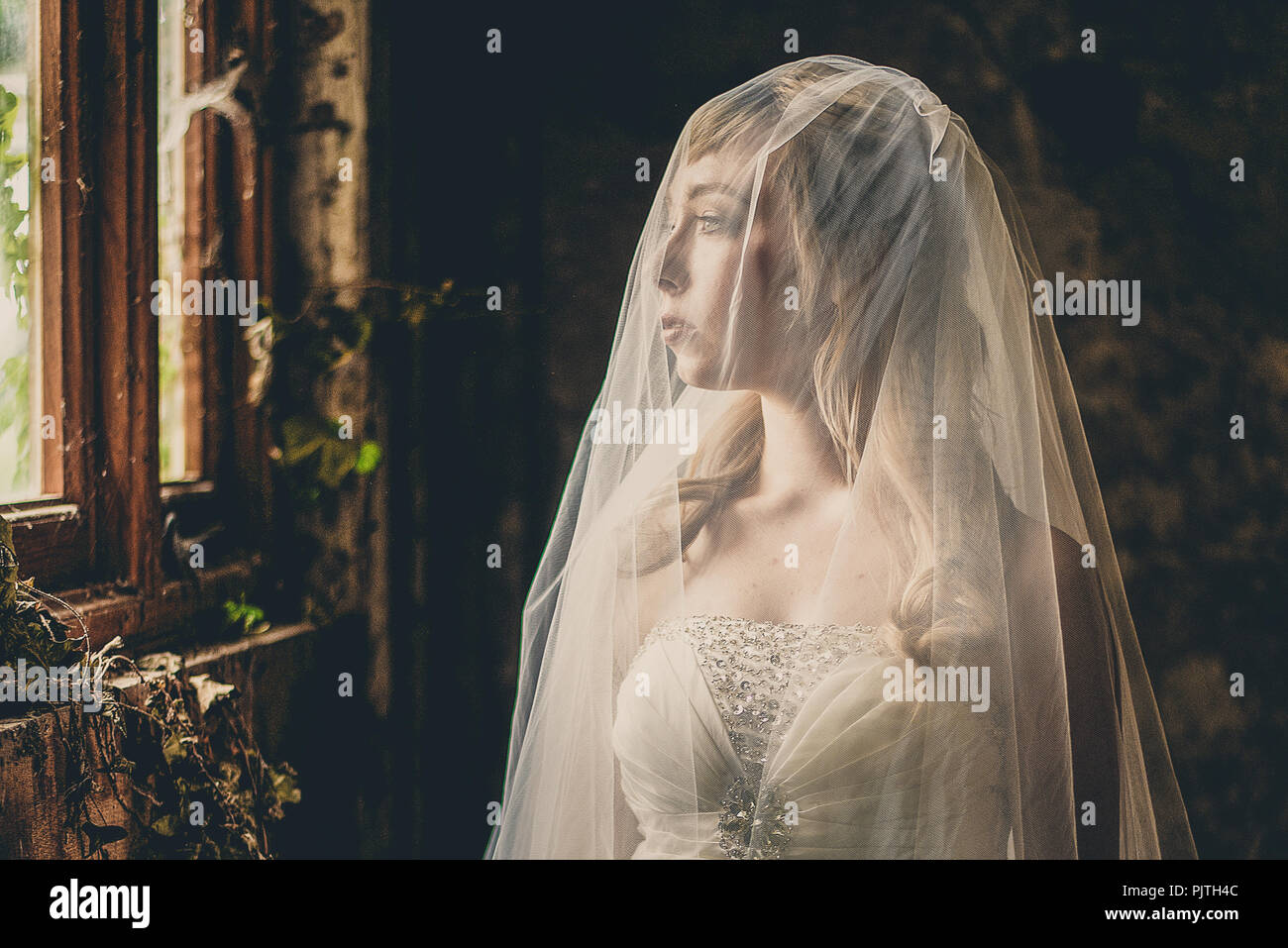 La mariée se tient dans sa robe de mariée et voile, regardant par la fenêtre d'une maison abandonnée Banque D'Images