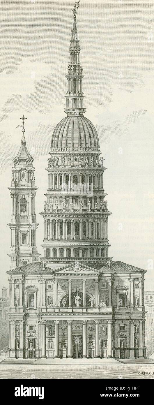 Basilica di San Gaudenzio Novara xilografia di Barberis su disegno di Cornaglia. Banque D'Images