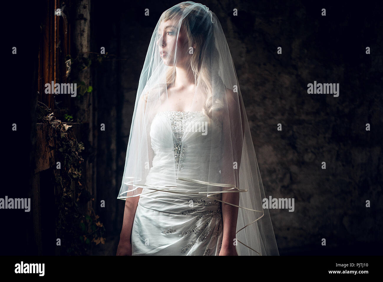 La mariée se tient dans sa robe de mariée et voile, regardant par la fenêtre d'une maison abandonnée Banque D'Images