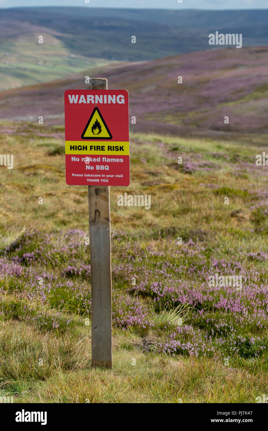 Panneau d'avertissement de risque d'incendie sur l'étoupe moor à sec, North Yorkshire, UK Banque D'Images