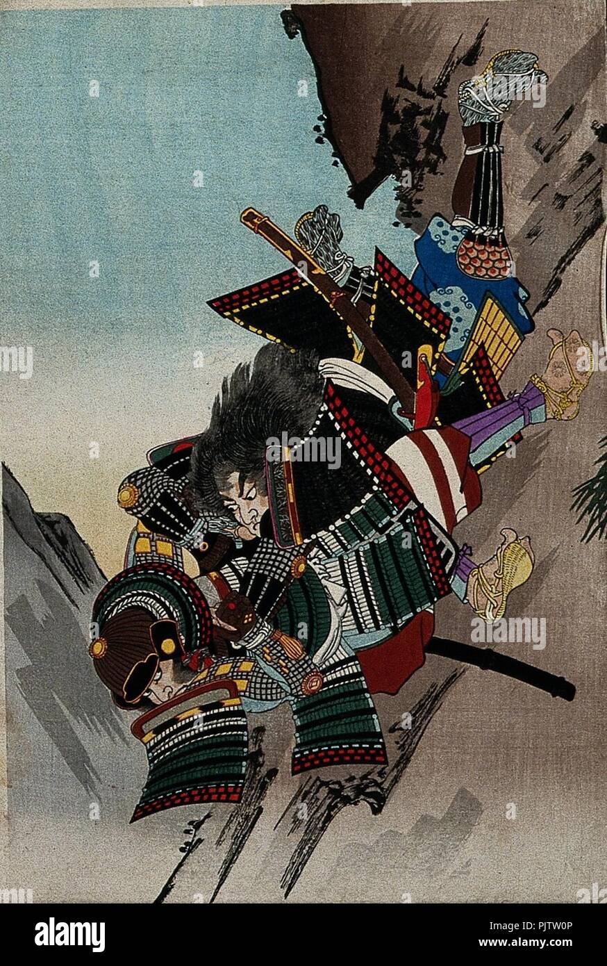 La bataille de Shizugatake, Takaaki Toranosuke et Yamaji Shōgen par Chikanobu. Banque D'Images