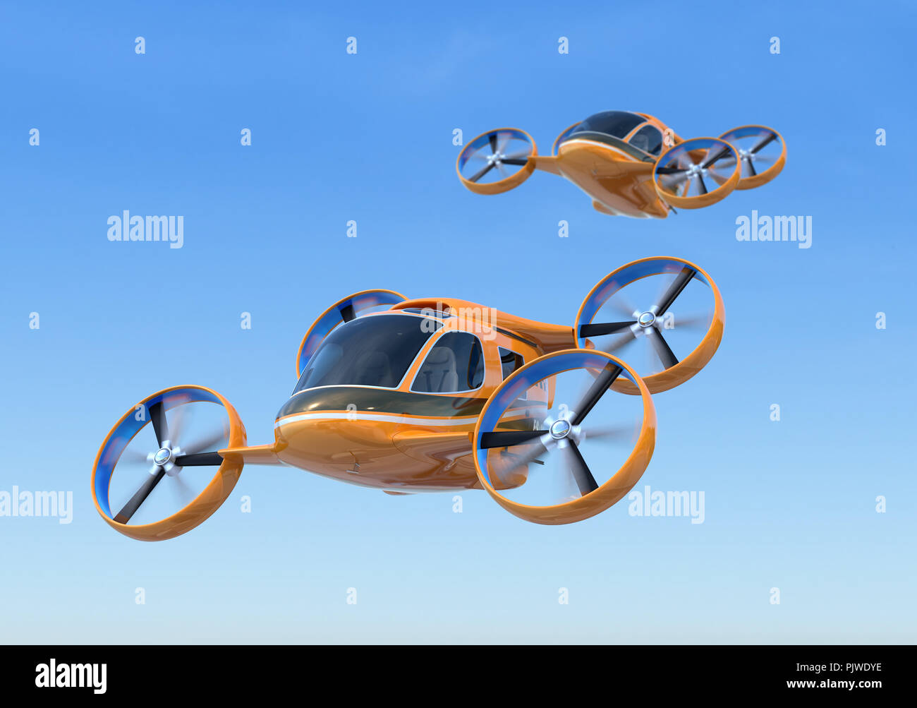 Deux Taxis Drone volant dans le ciel. Le rendu 3D image. Banque D'Images