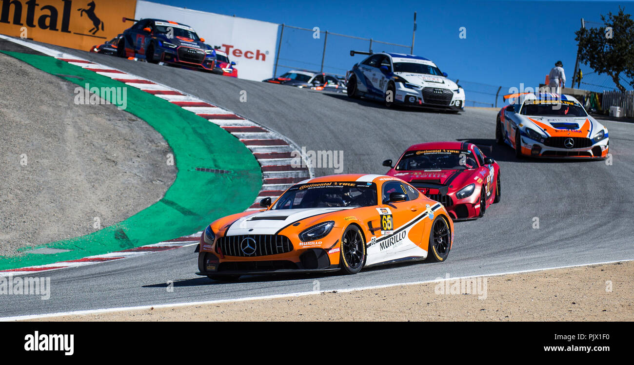 Monterey, CA, USA. 05Th Nov, 2018. A. #  65 chauffeurs Tim Probert/Brant Mosing mener le pack via le tire-bouchon au cours de la Monterey Continental pneu Continental Grand Prix IMSA sports car challenge course à Weathertech Raceway Laguna Seca Monterey, CA Thurman James/CSM/Alamy Live News Banque D'Images