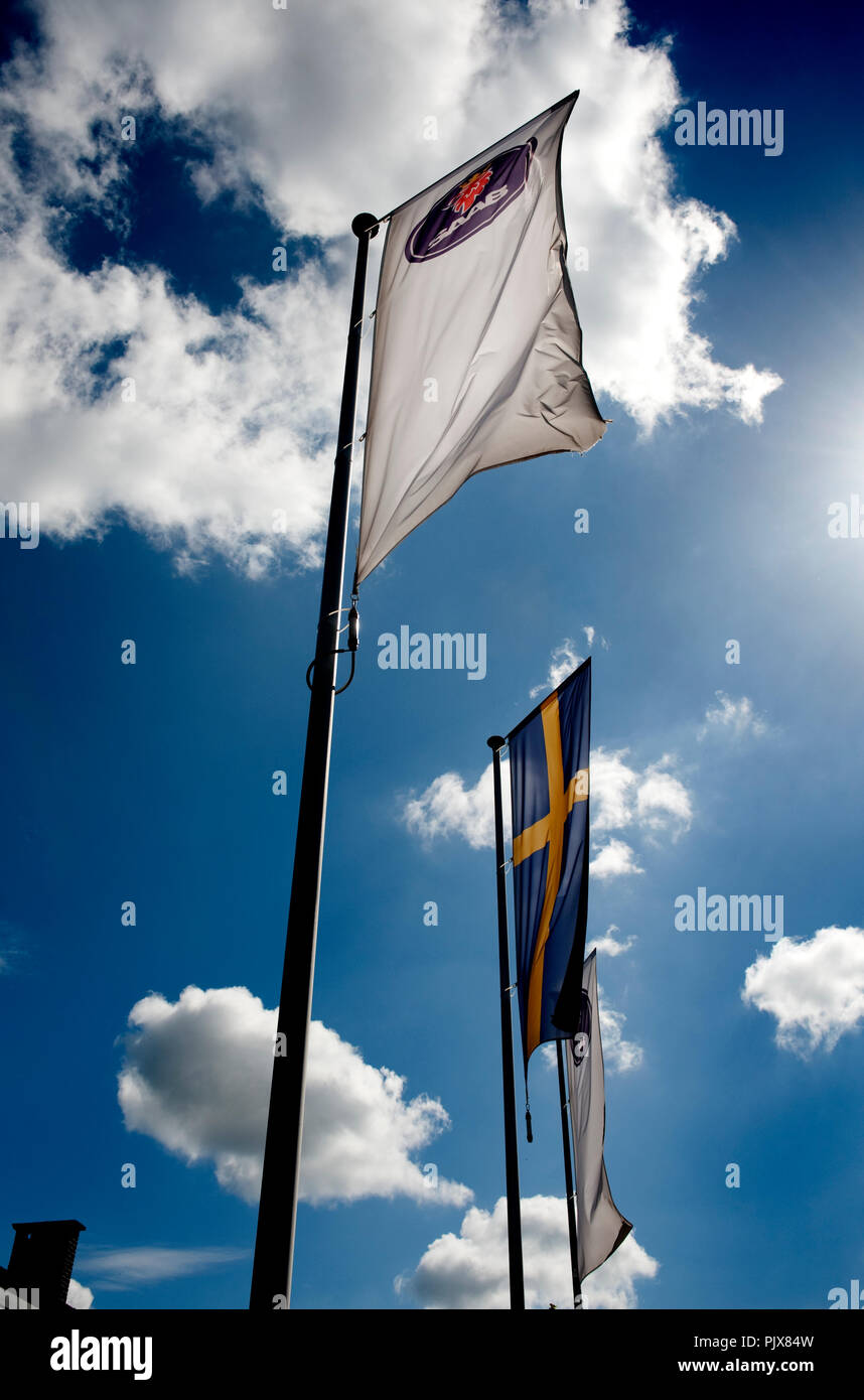 Un drapeau de la société suédoise Saab automobile (Belgique, 01/05/2010) Banque D'Images