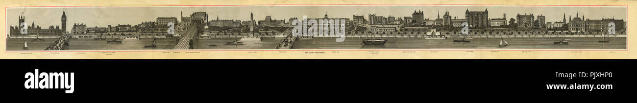 Thames North Bank Panorama, 1880 gravure sur acier de haute qualité de la vue sur le fleuve depuis la rive sud, des Maisons du Parlement, Big Ben et Westminster Bridge Blackfriars, après la construction de la Thames Embankment par Joseph Bazalgette Banque D'Images
