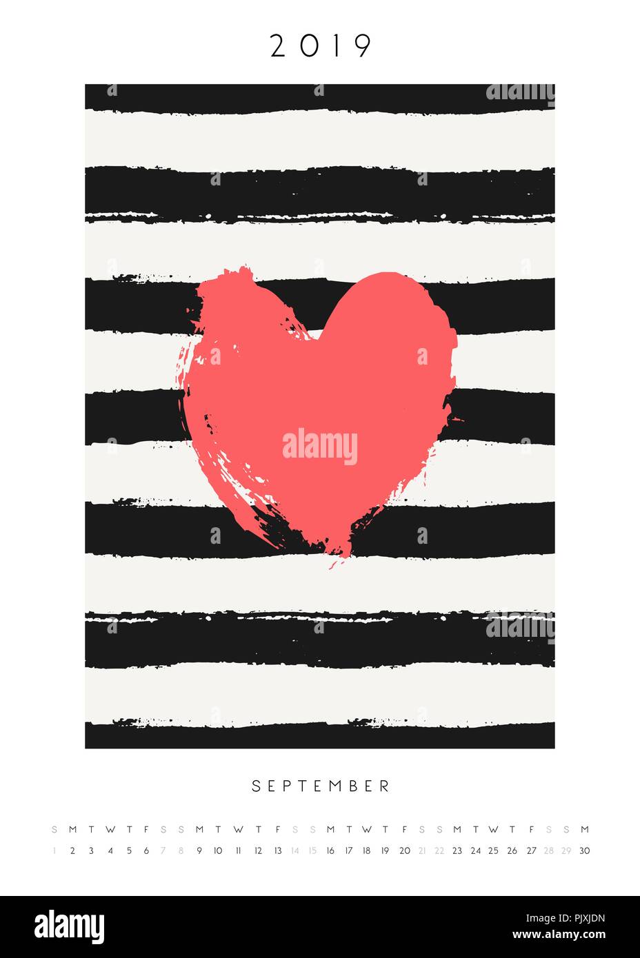 Version imprimable Septembre 2019 Format A4 modèle de calendrier. Rayures dessiné à la main en noir et blanc et rouge rouge coeur. Illustration de Vecteur
